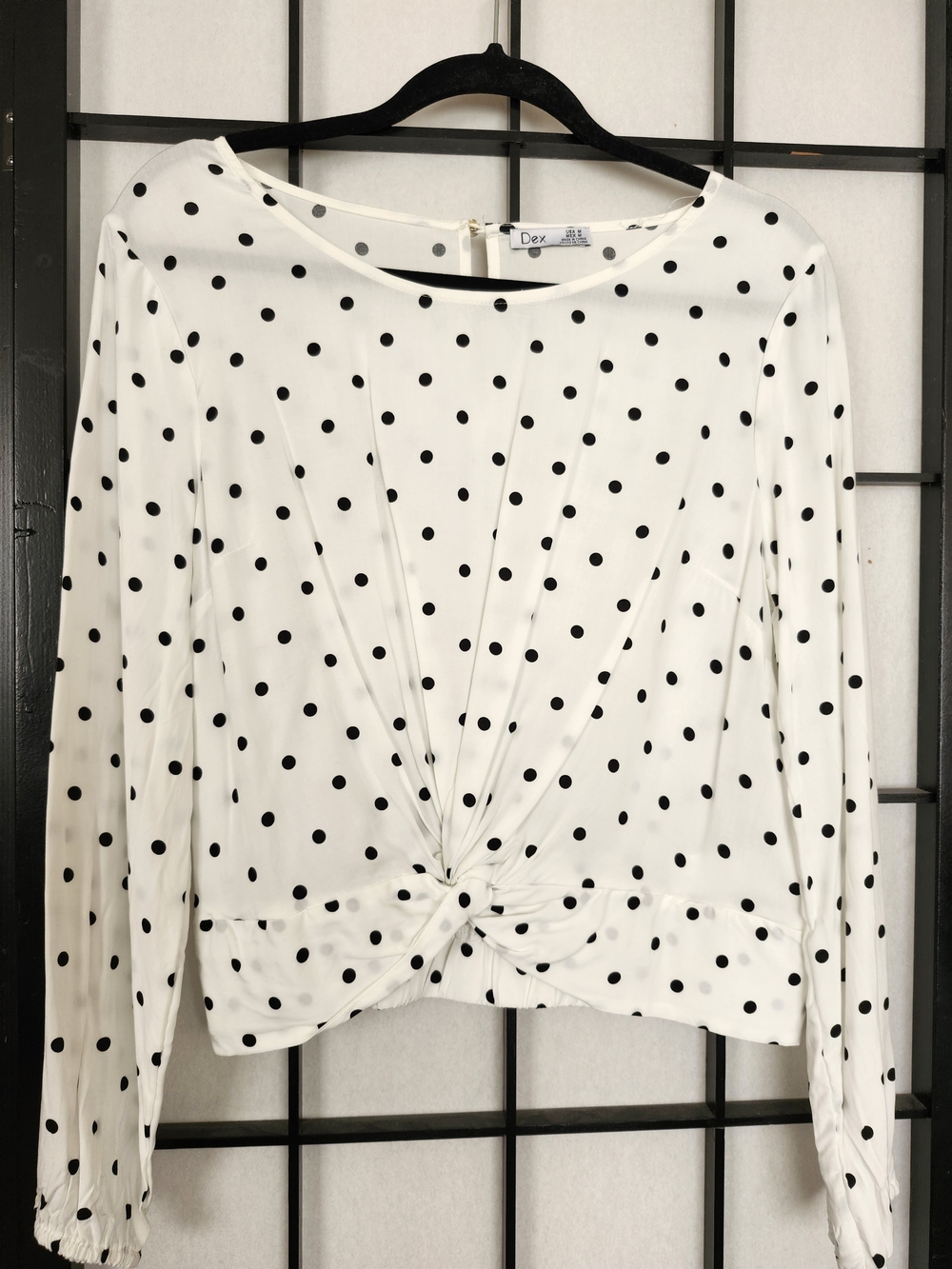 Dex White & Black Polka Dot Knot-Front Long Sleeve Top
